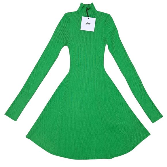 Yllw Mock Neck Holiday Party Fit & Flare Knit Mini Dress Vibrant Green Small NWT - Picture 1 of 14